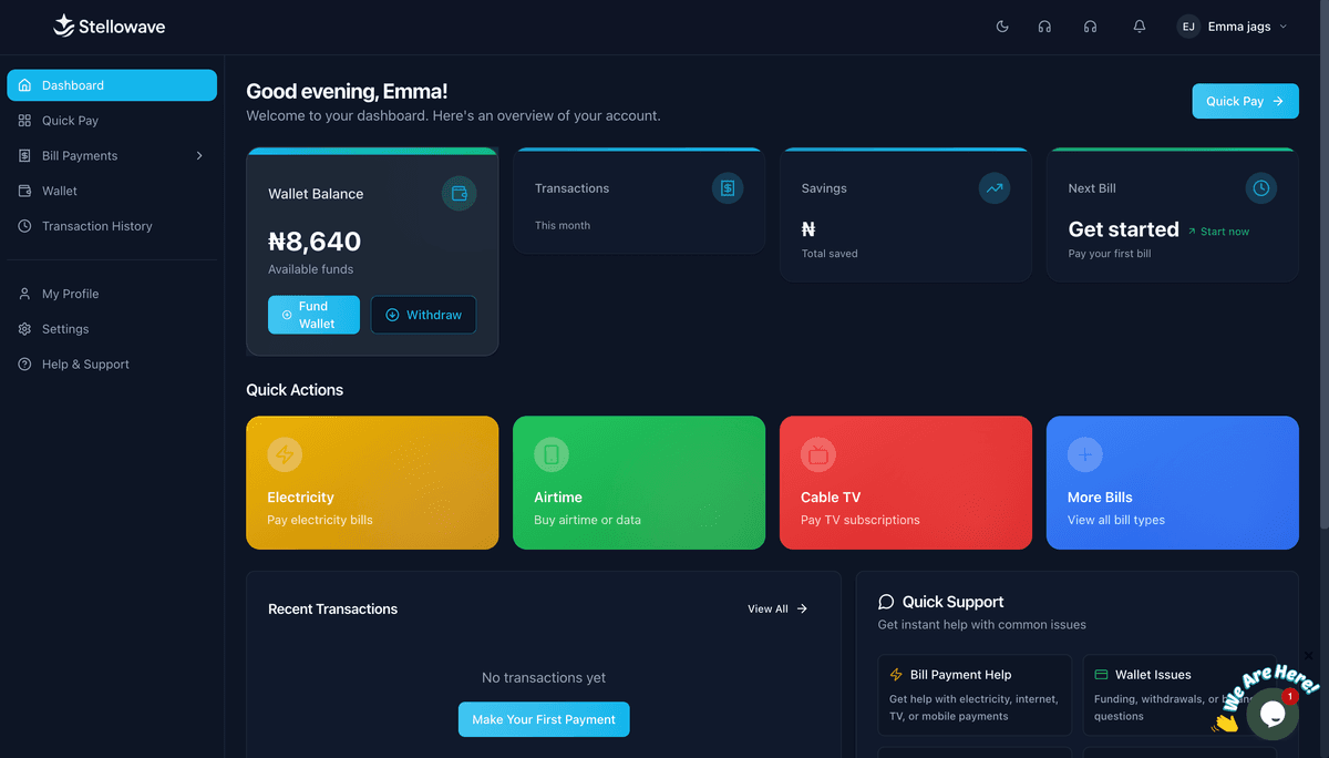 StelloWave Dashboard - Modern Bill Payment & Travel eSIM Platform Interface