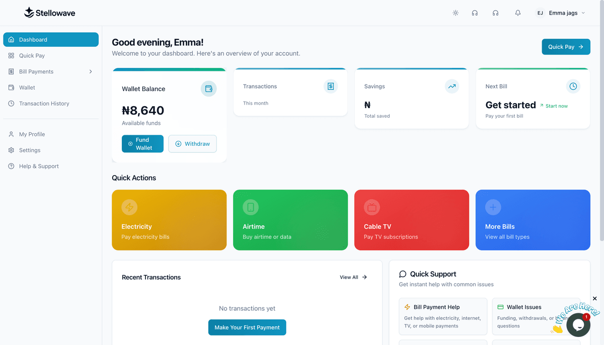 StelloWave Dashboard - Modern Bill Payment & Travel eSIM Platform Interface